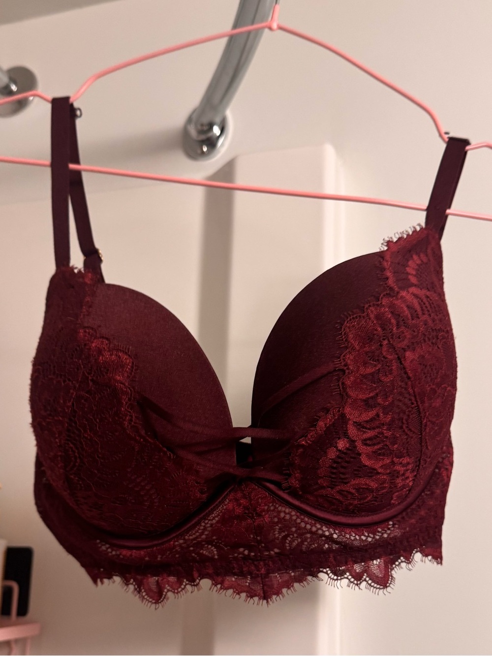 La Senza 34DD Wine Burgundy Lace Push-Up Plunge Bra Strappy Longline